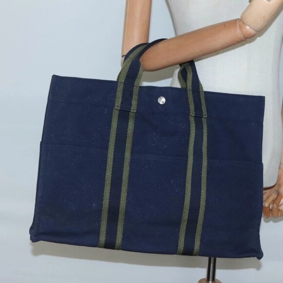 HERMES Fourre Tout MM Hand Bag Canvas Navy Auth - Picture 1 of 15